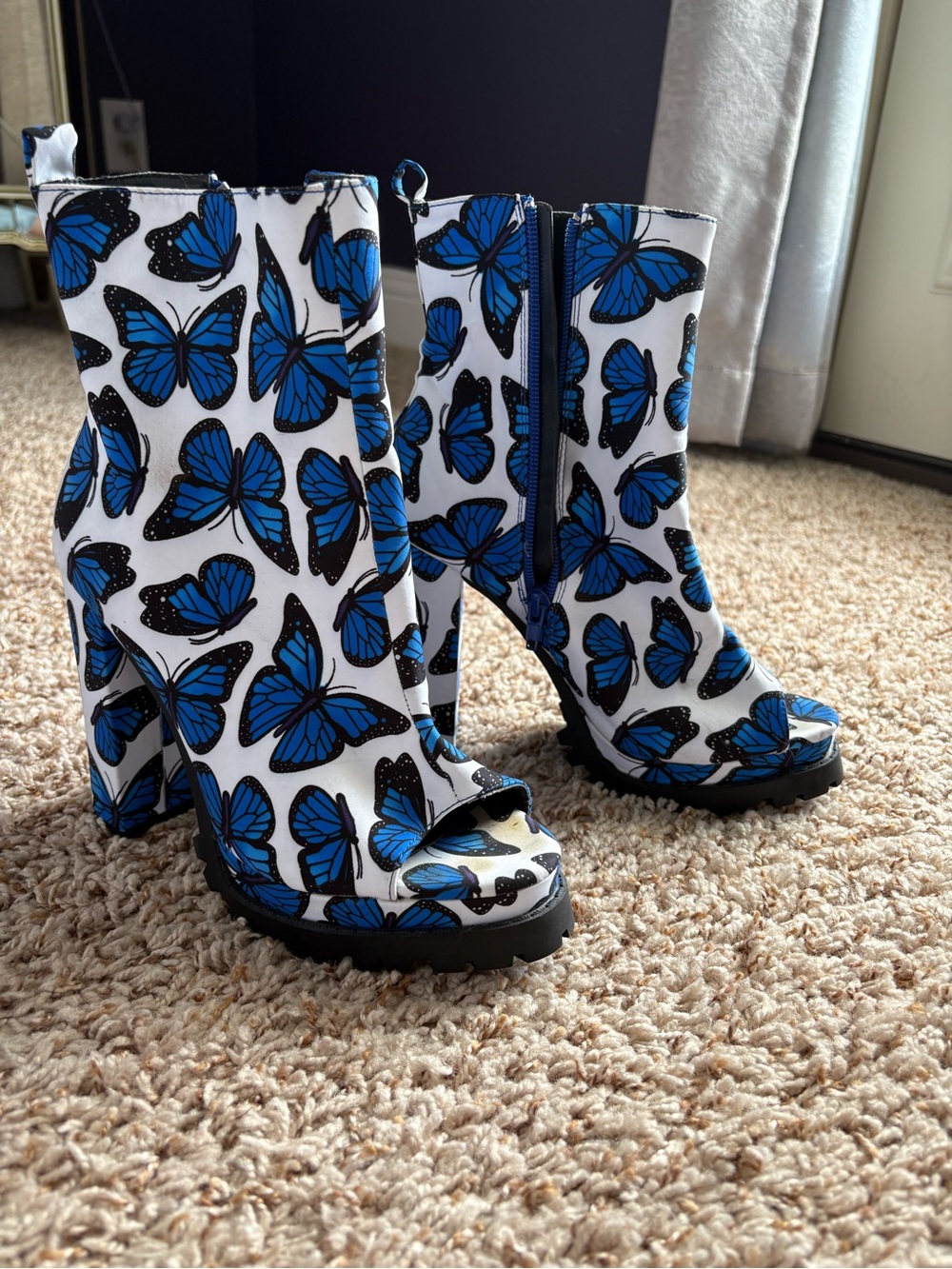 Doll’s Kill Blue Butterfly Print Peep-Toe Platform Booties - Women's